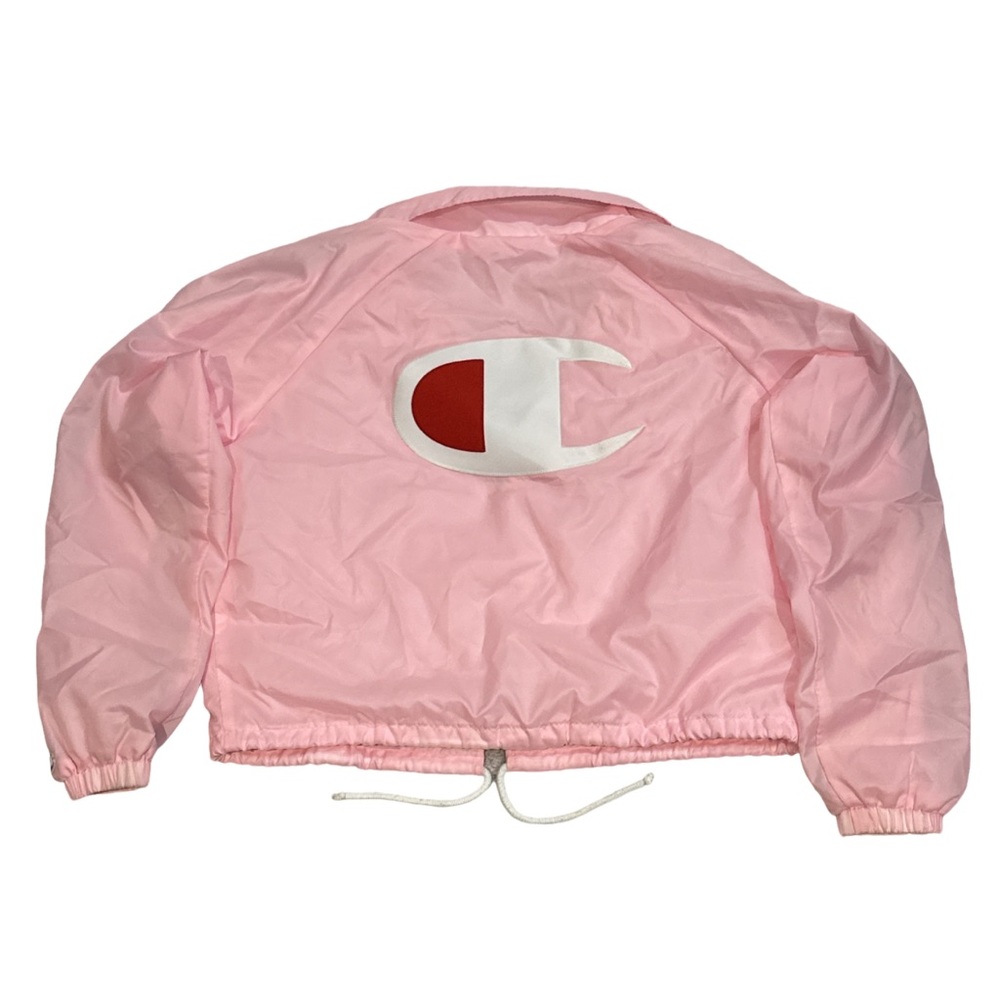 CHAMPION women's pink lined cropped windbreaker with logo on back, size medium.